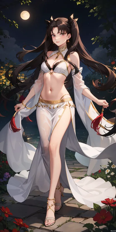 long hair, black hair, medium breast, slim legs, happy, white gown, cleavage, arabian belly dancer , skirt, rin tohsaka, twin tail, navel, garden, night