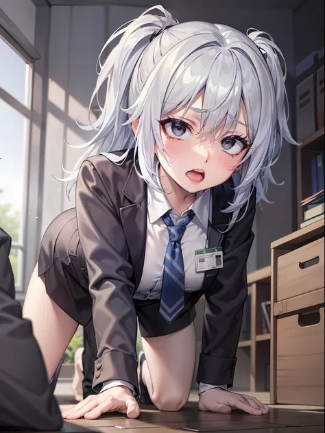 animesque 、one woman、composition of the whole body、an office worker、white hair、white-eyed,dark gray office suit with wrinkles、di...