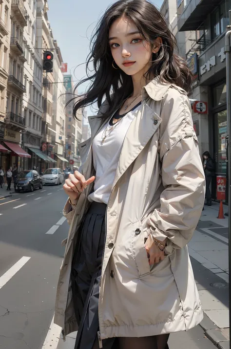 one-girl,Girl in fashion sweatshirt trench coat long skirt front poster,The color of the clothes is bright and simple,Cute, Very aesthetic,Realistic style anime,ssmile,self-assured,Put your hands in your pockets,tmasterpiece,ultraclear,8K,HighestQuali,