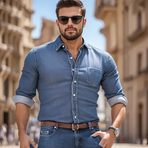 hombre guapo musculoso peludo gran bulto en jeans y camisa con lentes de sol , posando en una plaza en la ciudad 8k highest defi...