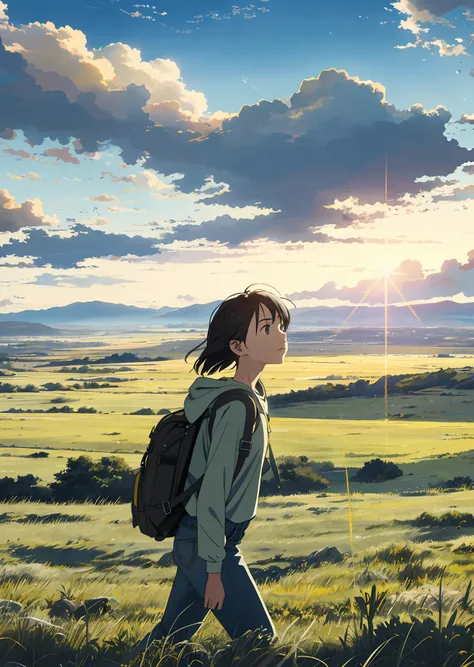 a young girl，the vast sky，the beautiful skyline，large grasslands，intense and dramatic imagery，the moving visual effects，the high...