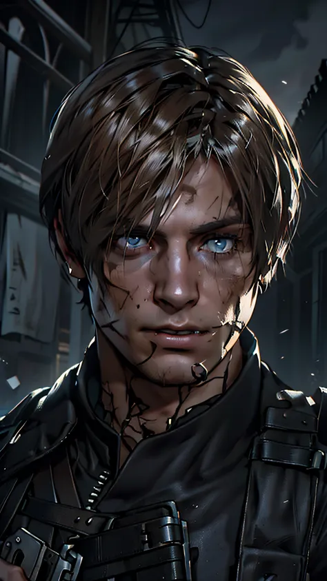 1 man, Flat style, illustration, Young man, 27years old, Leon S. 《resident evil 4》in Kennedy, face of Eudard Badaluta, Solo, White skin, Muscular, lean muscle man, Tall, hunk, broad shoulder, clean-shaven, Dark brown hair, curtain hairstyle, Dark brown col...