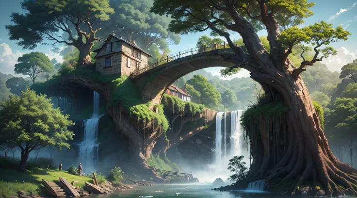 Gigantic colorful trees with many vines, palmeiras, coqueiro, fallen logs, a watermill with a waterwheel, moinho de vento, numa cachoeira exuberante, rio com grandes rochas hiper realista, sky with clouds, sol, lua, global ilumination, profundidade de camp...