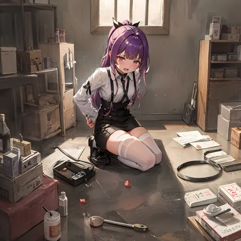 masterpiece,1girl,solo,  purple hair, metal collar, tears,cry,tearing up, white legwear, chain leash,arms behind back:1.2,kneeli...