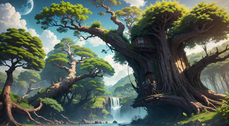 Gigantic colorful trees with many vines, palmeiras, coqueiro, fallen logs, a watermill , moinho de vento, numa cachoeira exuberante, rio com grandes rochas hiper realista, sky with clouds, sol, lua, global ilumination, profundidade de campo,
