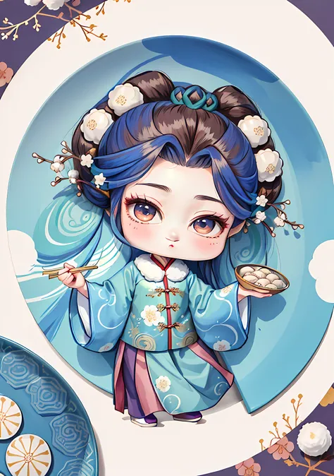A Chinese girl in Hanfu, holding a plate of dumplings, winter, winter solstice, chopsticks, brown hair, ancient Chinese hair bun, pattern, blue-green color matching, hair balls on both sides, some plum blossom hair, color blocks are bright, bright colors, ...