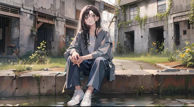 Woman sitting on chair in black top and jeans, Baggy pants, dressed with long fluent clothes, wearing a long flowy fabric, casual clothing style、 wearing a baggy, multilayered outfit, Silver and muted colors, Relaxed style, grey Clothes, Pants, baggy, Gray...