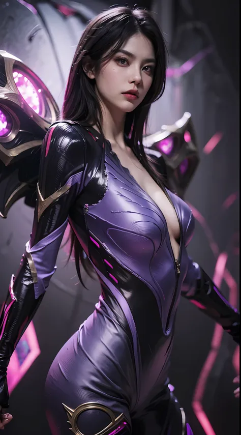 a perfect face, beatiful face, perfect hand, 1girl, kaisa, league of legends, kemi, purple wings, dark violet hair, violet eyes,...