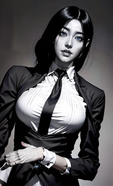 close-up of a girl in a suit and tie, androgynous vampire, junji ito 4 k, with long dark hair, ito junji art, style of junji ito...