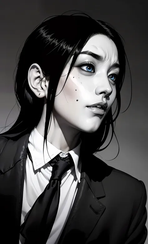 close-up of a girl in a suit and tie, androgynous vampire, junji ito 4 k, with long dark hair, ito junji art, style of junji ito...