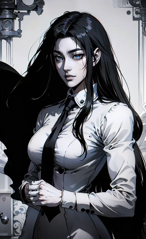 close-up of a girl in a suit and tie, androgynous vampire, junji ito 4 k, with long dark hair, ito junji art, style of junji ito...