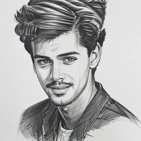 a compelling greyscale pencil drawing portraying a confident teenage male with facial hair, exuding elegance and charm, showcase...