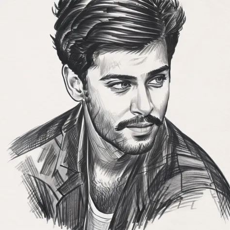 a compelling greyscale pencil drawing portraying a confident teenage male with facial hair, exuding elegance and charm, showcase...