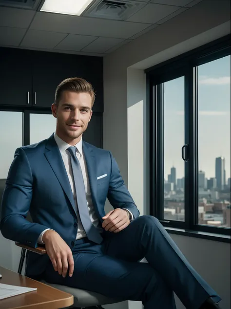 a handsome man sitting in the office,crew cut,business suit,windows,cityscape,full body,mature male,,best quality, 50mm f/2.8, p...