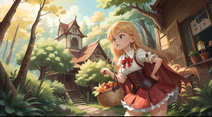 (redhoodwaifu:1), 1girl,fruit basket in hand, cute, (disheed hair, blond hairbl, long whitr hair), (red hood, cape, corset, dres...