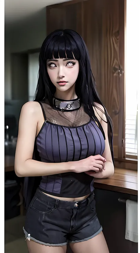 a woman in a black top and shorts, realistic girl, white lens, byakugan, cute girl, hinata naruto, hinata, hinata hyuga, seductive anime girl, beautiful alluring anime woman, hinata hyuga, anya from spy x family, inspired by Rei Kamoi, breast, sexy girl, a...