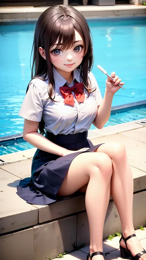 a smiling schoolgirl is sitting on the poolside of the school and eating ice cream. anatomical