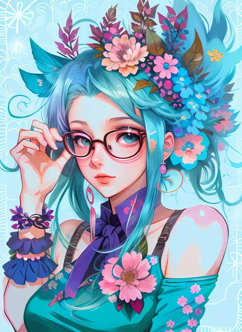 drawing of a woman with blue hair and glasses with flowers in her hair, 2 d anime style, decora inspired illustrations, inspired by Yumihiko Amano, anime girl with teal hair, anime style portrait, beautiful anime art style, portrait of jinx from arcane, ma...