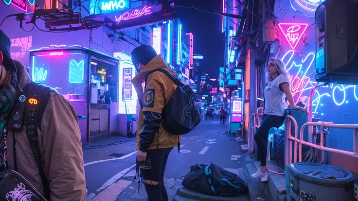 Uma garota no meio de uma cidade cyberpunk, synthwave style