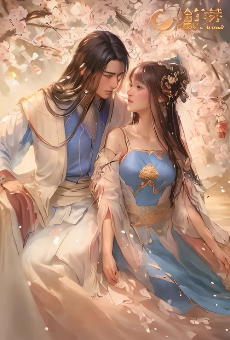 Princess hug, Chinese style, Ancient style, Handsome guys, beautiful man, Meticulous brushstrokes, Look at womens masterpieces with affection,Anime couple in traditional costumes,Long hair and blue dress, flowing hair and long robes, in the art style of bo...