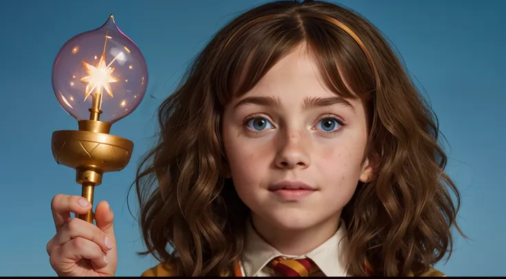 1girl, solo focus, child, light freckles, (9 year old), a young gir, wave your magic wand，hermione granger,