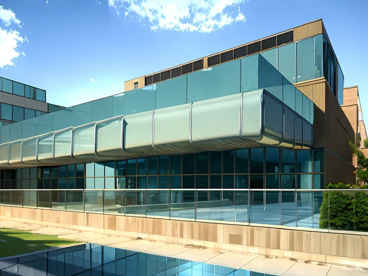 There is a parking lot,Inside there is a two-story building, Blue reflective glass,The car is parked on the ground floor, There is a road ahead,There is a meadow in front of the road,Modern style,Futuristic,sense of science and technology,Mechanical garag...