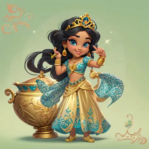 "draw jasmine from aladdin as an adorable baby chibi in an animation, pose divertida. she's alone on a neutral background, desta...