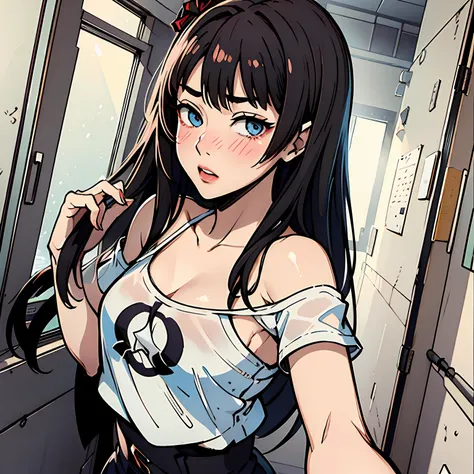 (Photorealsitic:1.4)、(masterpiece、Side dimlite、Beautiful Eyes of Details:1.2)、masterpiece*portlate、realisitic、3D顔、Stell(Honkai Star Rail)、1girl in、White oversized T-shirt、bare shoulders、kosmos、rail、bangss、red blush、full of shyness、greedy eyes、medium-Lon...