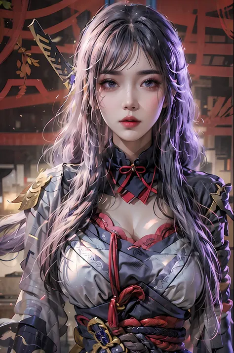 photorealistic, high resolution, 1 girl, hips up, long hair, beautiful eyes, normal breast, raiden shogun costume