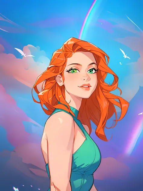 redhead woman with long red hair and green dress posing for a picture,hyper HD,(best detail),rainbow,(best qualtiy),the perfect face,naturey,Colorful,young,Youth,Pleasure,starlights,Irridescent color