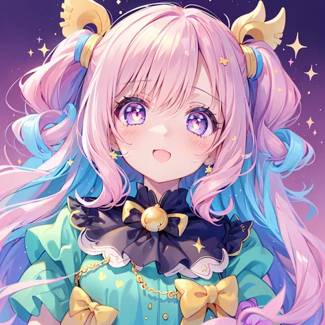 masterpiece, (1girl), idol, closeup, big eyes, kawaiitech, kawaii, cute, pastel colors, best quality, happy, deep background, symmetrical, tilted head, uwu