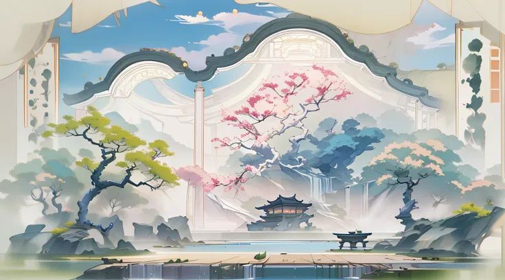 antique game scene design，big trees，florals，lotus architecture，floating table，a blue sky，white cloud，chinese ink painting oc ren...