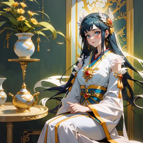 there is a woman sitting on a table with a vase, white skin, melancholy eyes, a palace, a girl in hanfu, beautiful figure painti...