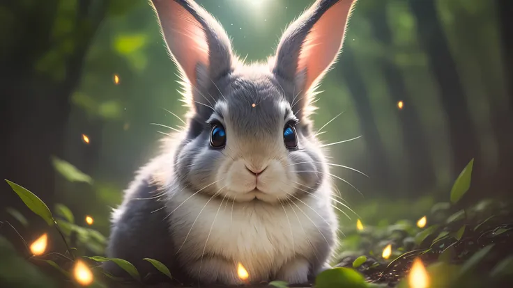 close up photo of a rabbit in enchanted forest, late night, in the forest, backlight, fireflies, volumetric fog, halo, bloom, dr...