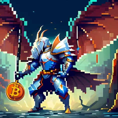 Pixel Art, game scene, a knight in armor with dragon wings holding bitcoin on his back holding bitcoin. 16bitscene, oil painting style, majestic and powerful brushstrokes, hideous and terrifying forms sticking and detached, the picture is full of tension a...