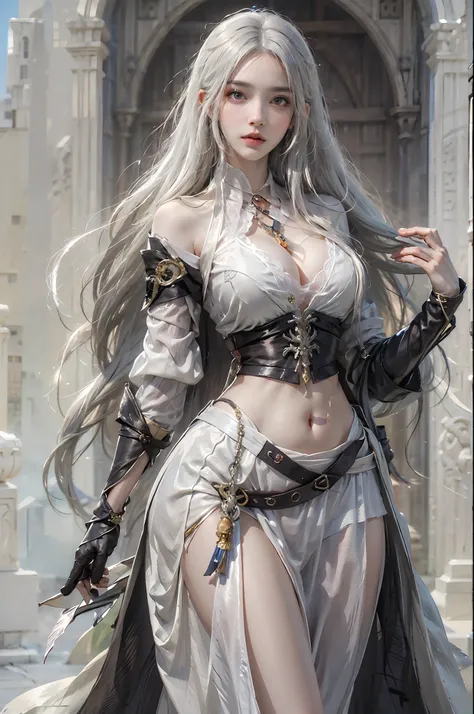 photorealistic, high resolution, 1 girl, hips up, white long hair, beautiful eyes, normal breast, dark souls style