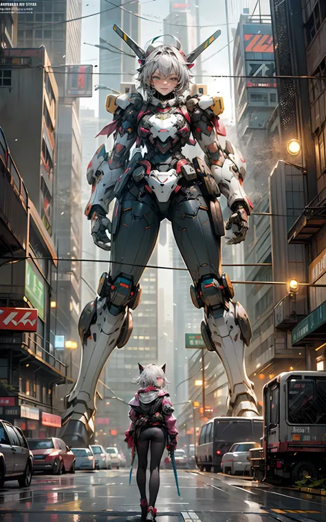 anime girl standing next to giant robot in a city, cyberpunk anime girl mech, digital cyberpunk anime art, ross tran 8 k, wojtek...