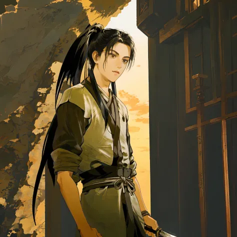 anime style high quality cg，a young boy wearing a black immortal cultivator-style costume，holding a sharp ancient knife。a boy