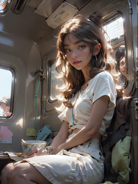 A detailed prompt for Stable Diffusion: Generate a realistic portrait of a girl sitting in her seat on a train, featuring vibrant colors, smooth lines, intricate details, soft lighting, dreamy atmosphere, nostalgic vibe, pastel palette, warm and cozy, tre...
