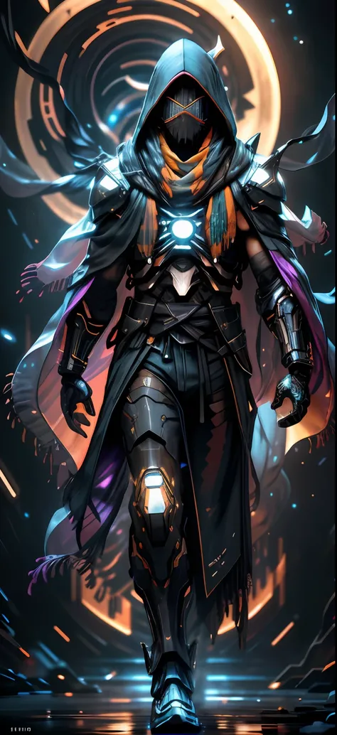 realistic,shiny,reflective,bioluminic, galactic cybernetic mask,mecha,(assassin:1.2),((((scarf,long cloak)))),sh4g0d,GlowingRunes_red,fullbody,cinemnatic,dark background,starry,big moon,backlight,high contrast,