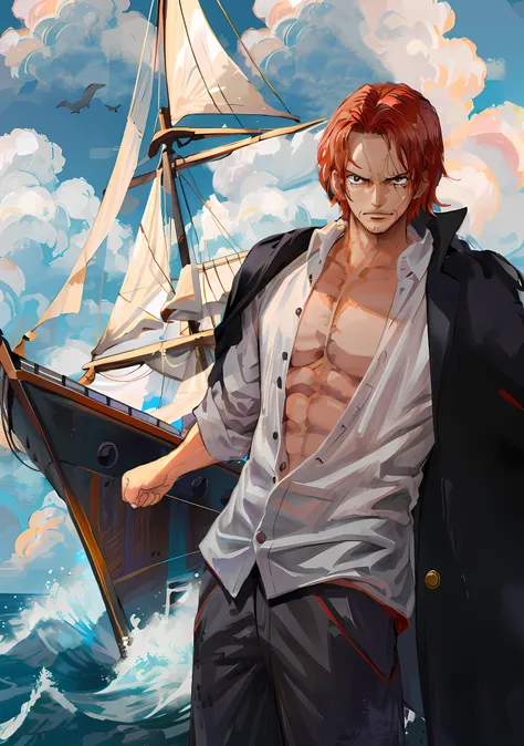 （masterpiece， best qualifications），intricately details， beautiful illustrations，
 1 man， (grip | one piece), red hair，((one-arme...