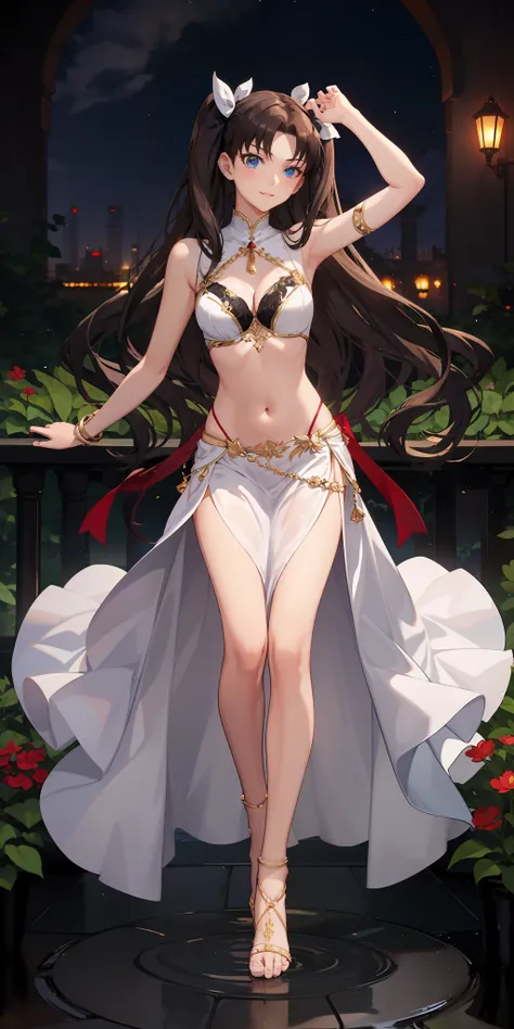 long hair, black hair, medium breast, slim legs, happy, white gown, cleavage, arabian belly dancer , short skirt, rin tohsaka, twin tail, navel, garden, night, blue eyes, posing