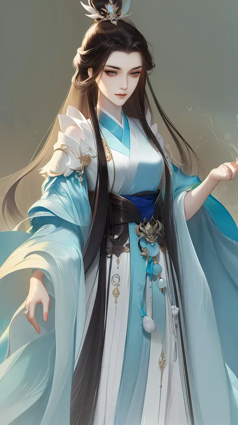 best qualtiy,tmasterpiece,highly detailed wallpaper,1 especially beautiful woman、pretty eyes,Character standing drawing,malefocus,brunette color hair,long whitr hair,Kingly temperament,详细的脸,gorgeous hair accessory,looking at viewert,Hanfu,超高分辨率,sketching,i...