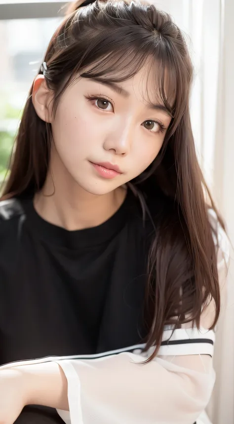 There was a young woman with long hair sitting in a chair, young lovely Korean faces, ulzzangs, wan adorable korean face, young cute wan asian face, girl cute-fine face, jaeyeon nam, Light makeup, portrait of female korean idol, Soft portrait shot 8 K, cle...