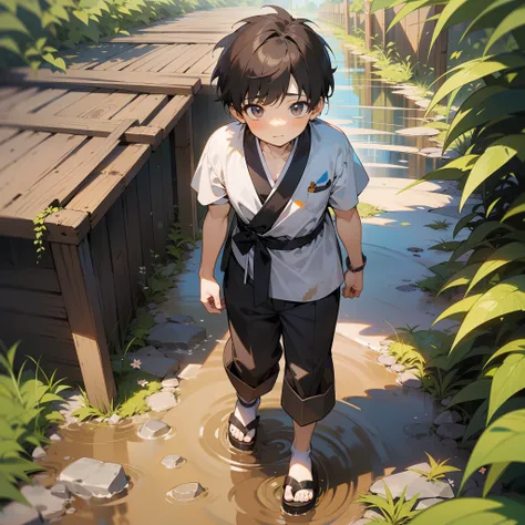 a 6-year-old boy walks in the mud，shota，slightly fat big breasts，white top，messy bangs，shota，sandals，sludgy，dirty，footprints。and...