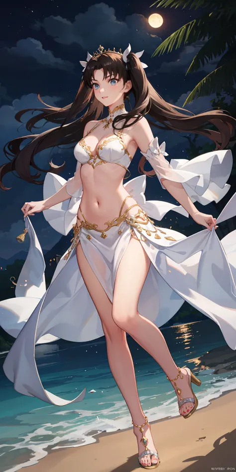 long hair, black hair, medium breast, slim legs, happy, white gown, cleavage, arabian belly dancer , short skirt, rin tohsaka, twin tail, navel, river, night, blue eyes, leaning, tiara