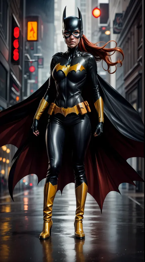 barbara gordon, anime, beauty, batgirl clothes, batgirl cosplay, wind effect, full body photo, prominent figure, standing on the...