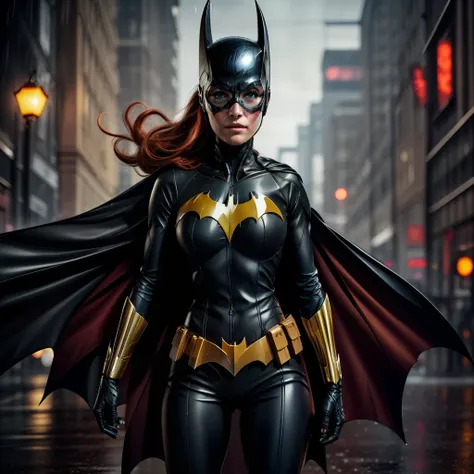 barbara gordon, anime, beauty, batgirl clothes, batgirl cosplay, wind effect, full body photo, prominent figure, standing on the...