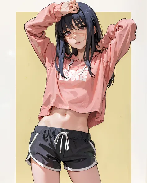 anime girl in pink shirt and black shorts posing for picture, anime moe artstyle, black haired girl wearing hoodie, anime visual of a cute girl, ecchi anime style, anime girl, by Jin Homura, hinata hyuga, in an anime style, in anime style, an anime girl, (...