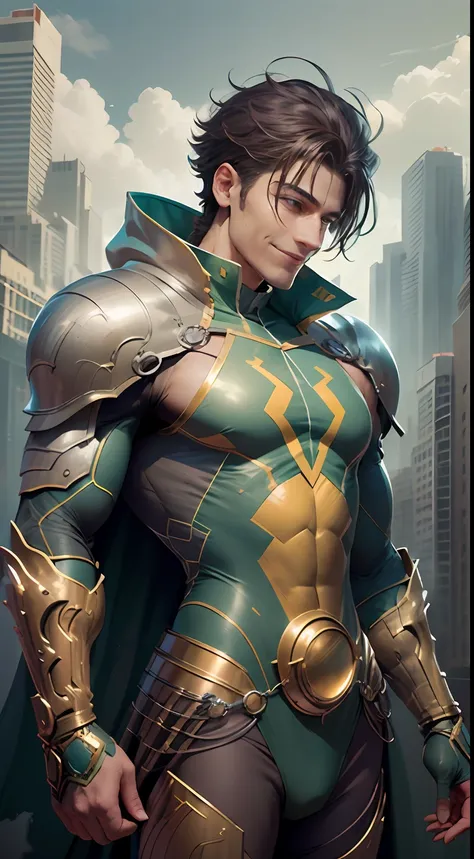 develop the image of a hero in a green and gold suit. the hero must have a noble and powerful appearance, with pronounced charac...